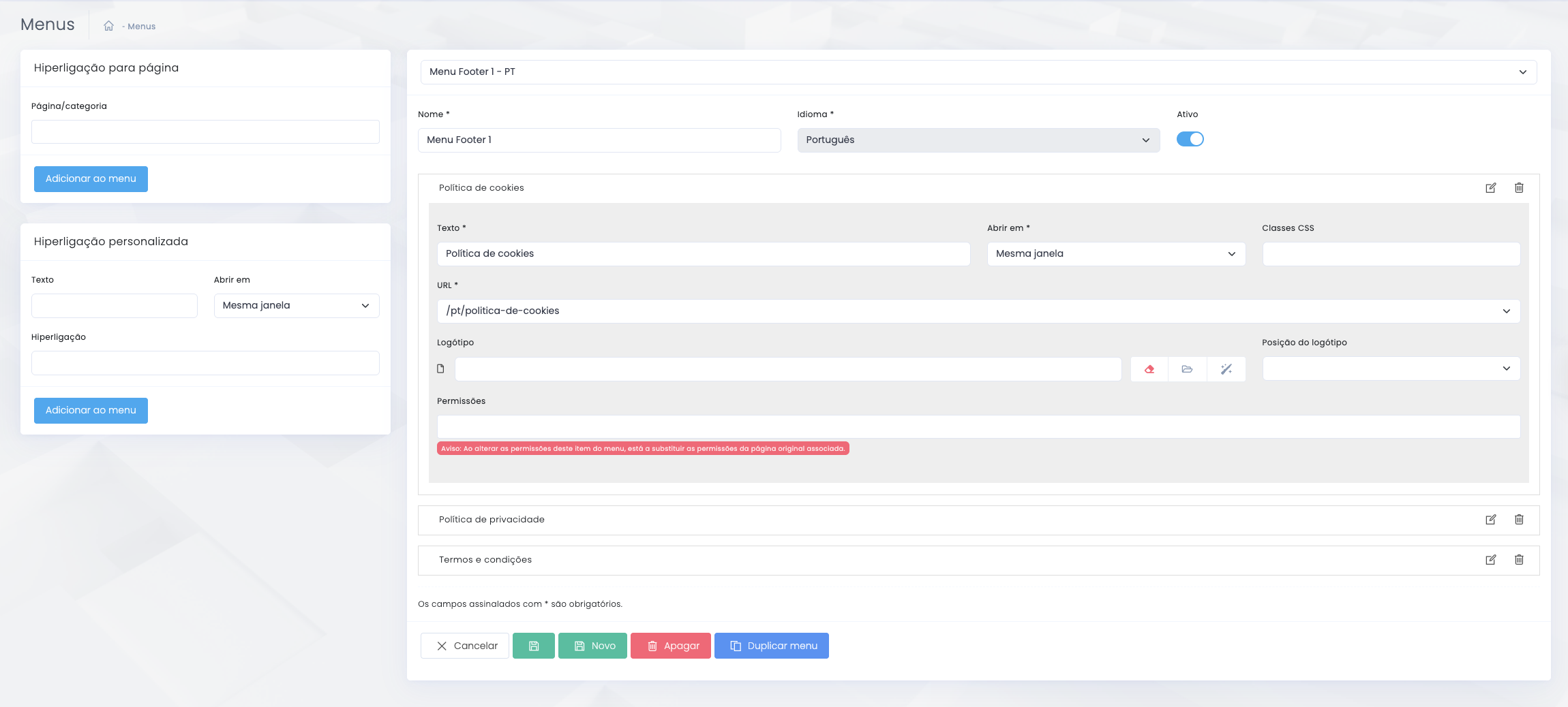 Estrutura de menu existente com subitens